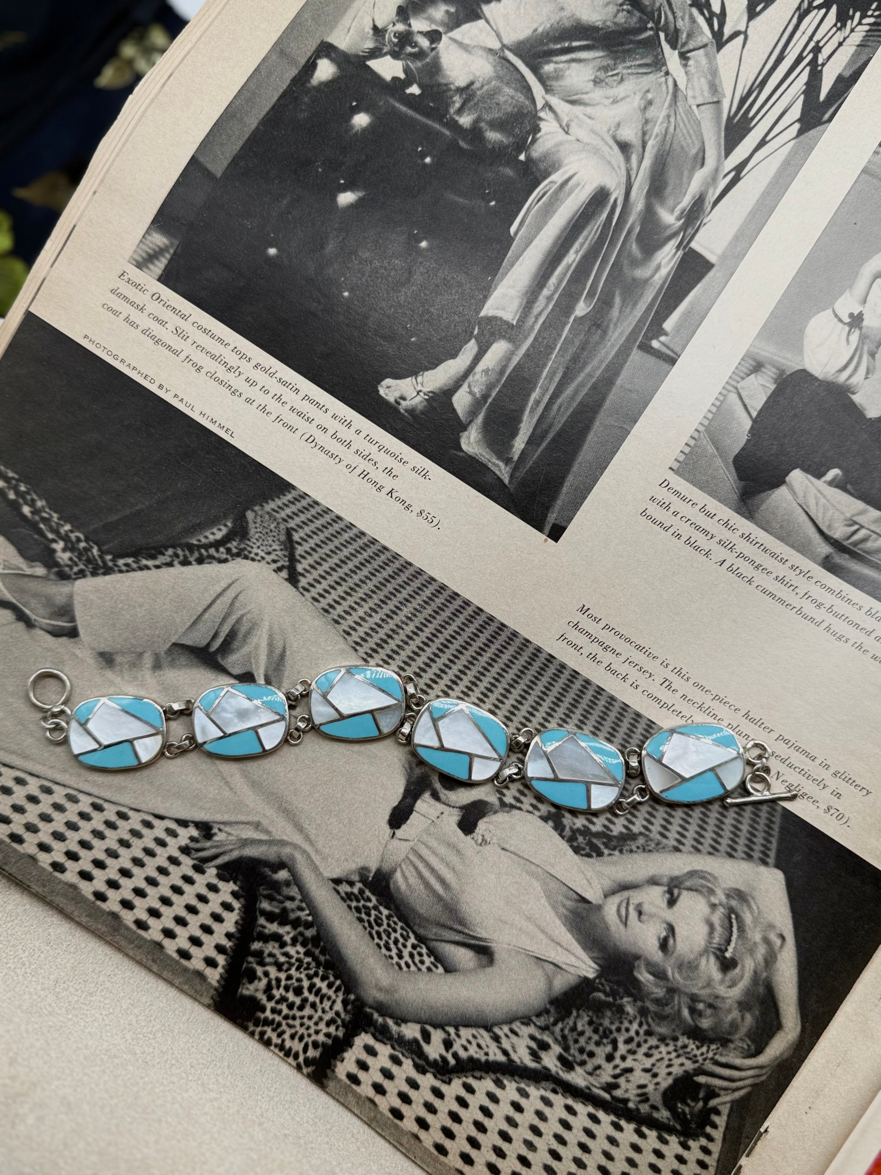 Mother of Pearl & Turquoise Inlay Southwestern Sterling Silver Bracelet