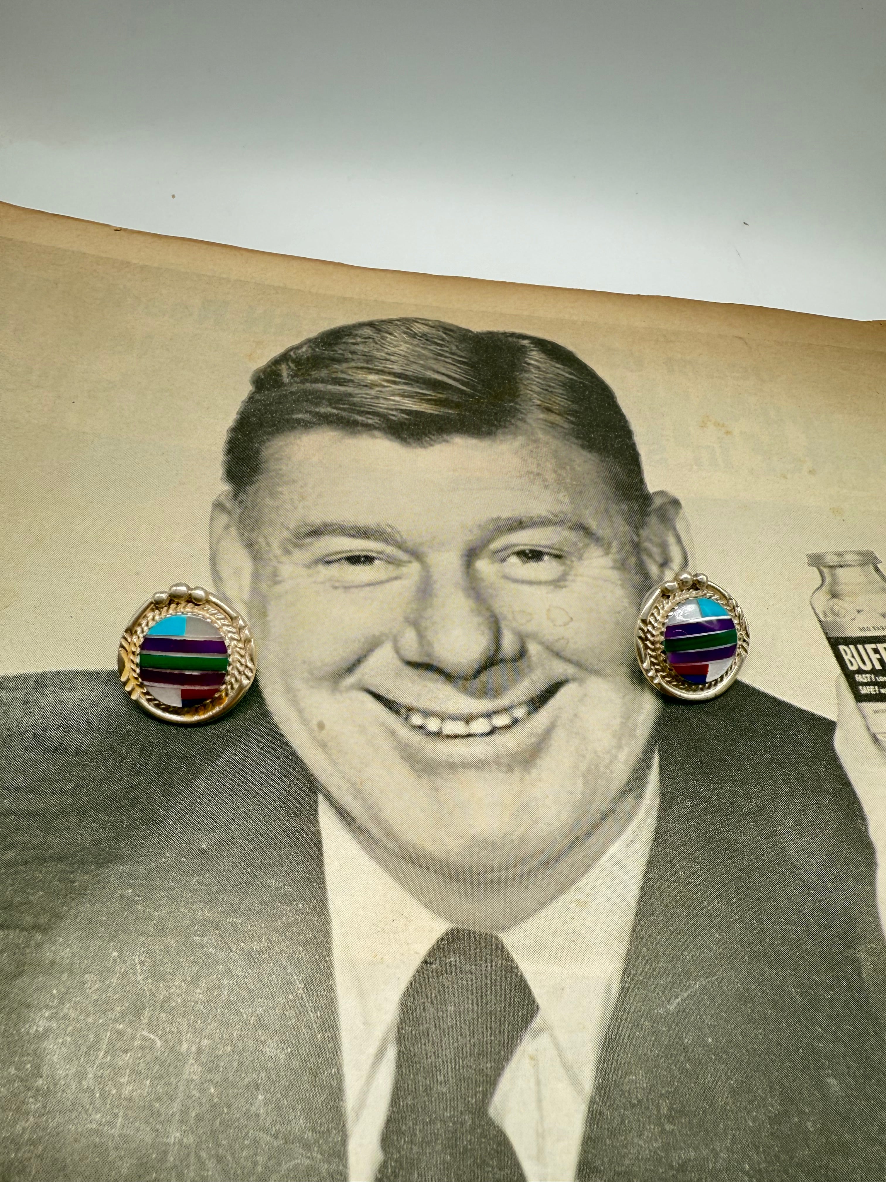 Vintage 80s Sterling Silver Inlay Southwestern Style Earrings