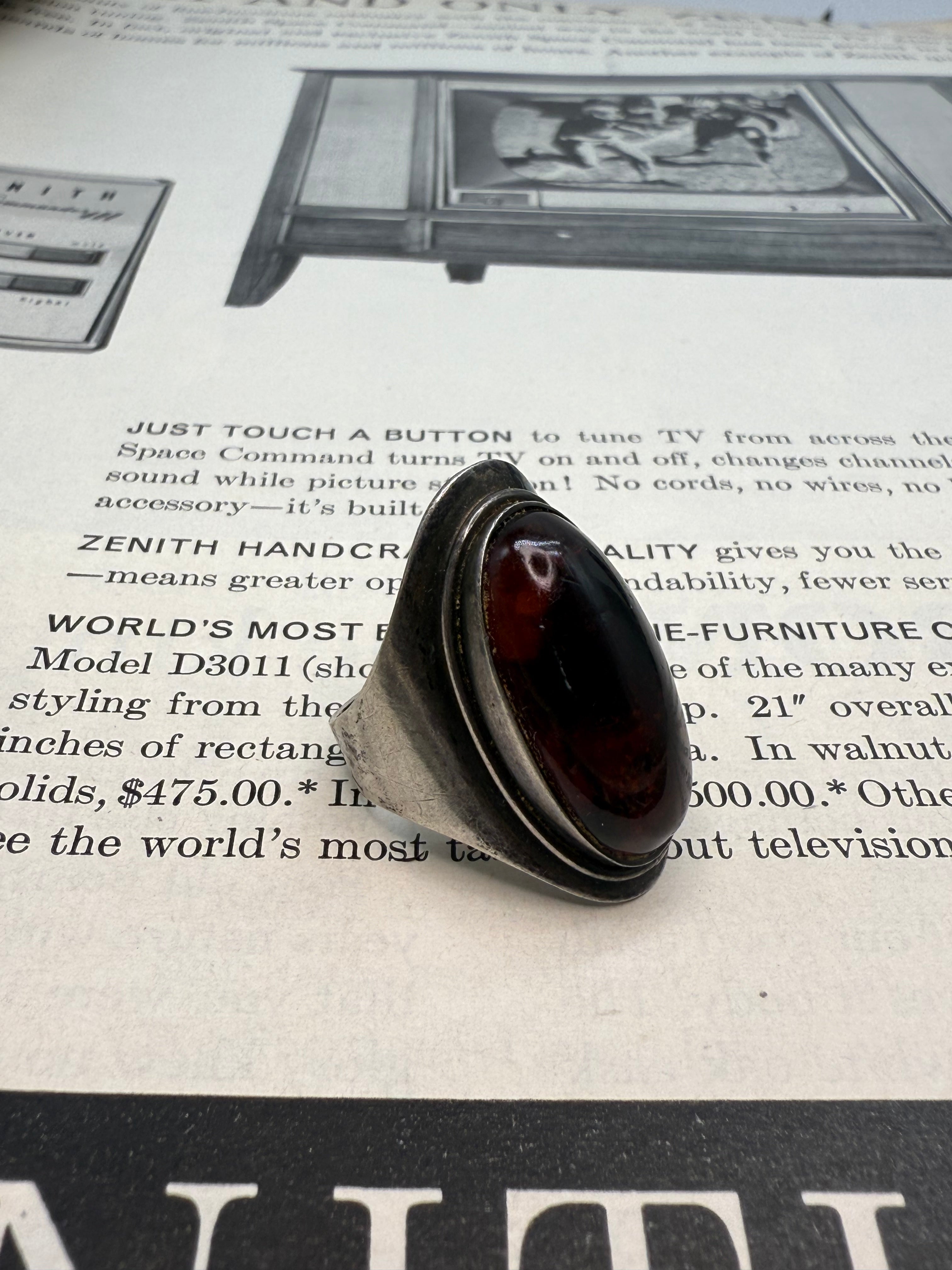 Vintage Cherry Amber Sterling Silver Adjustable Ring Size 8