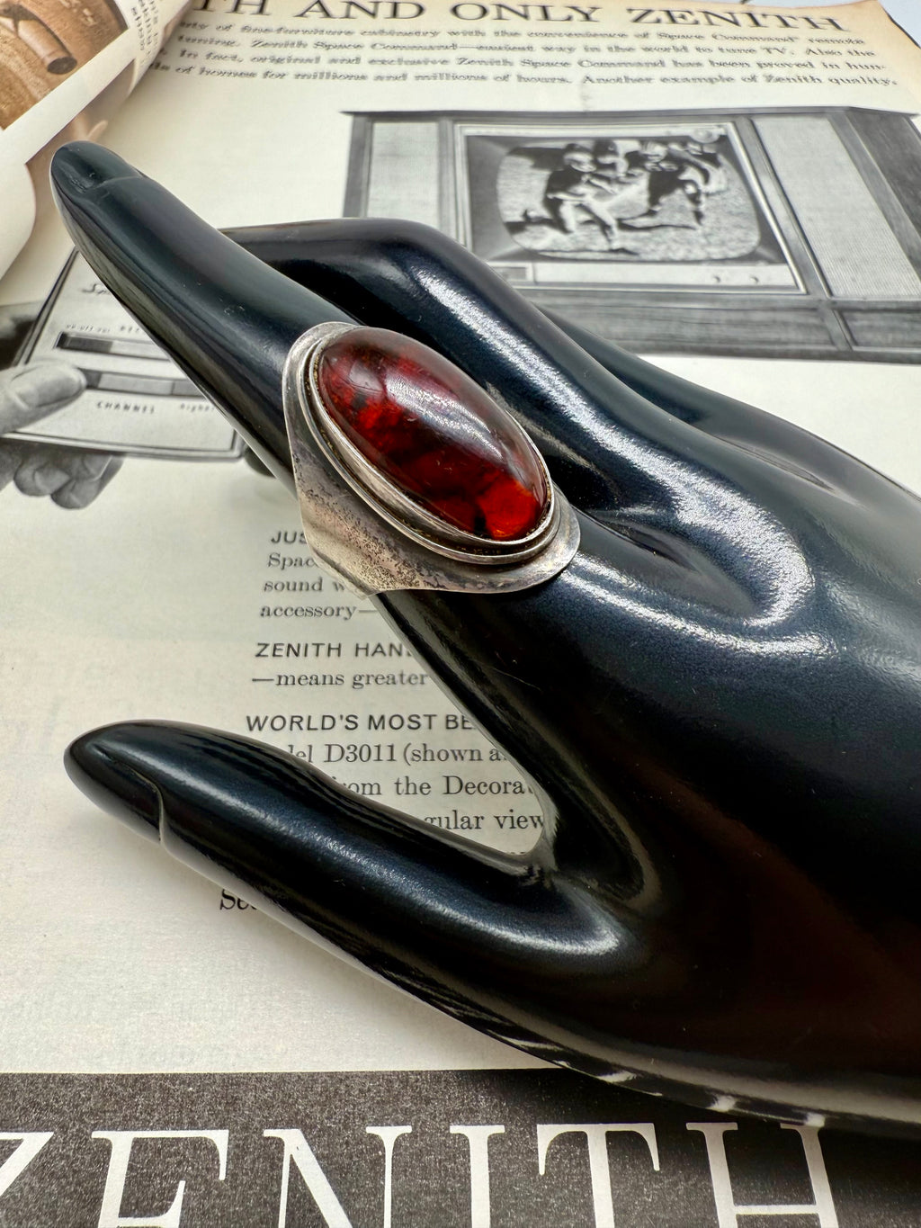 Vintage Cherry Amber Sterling Silver Adjustable Ring Size 8