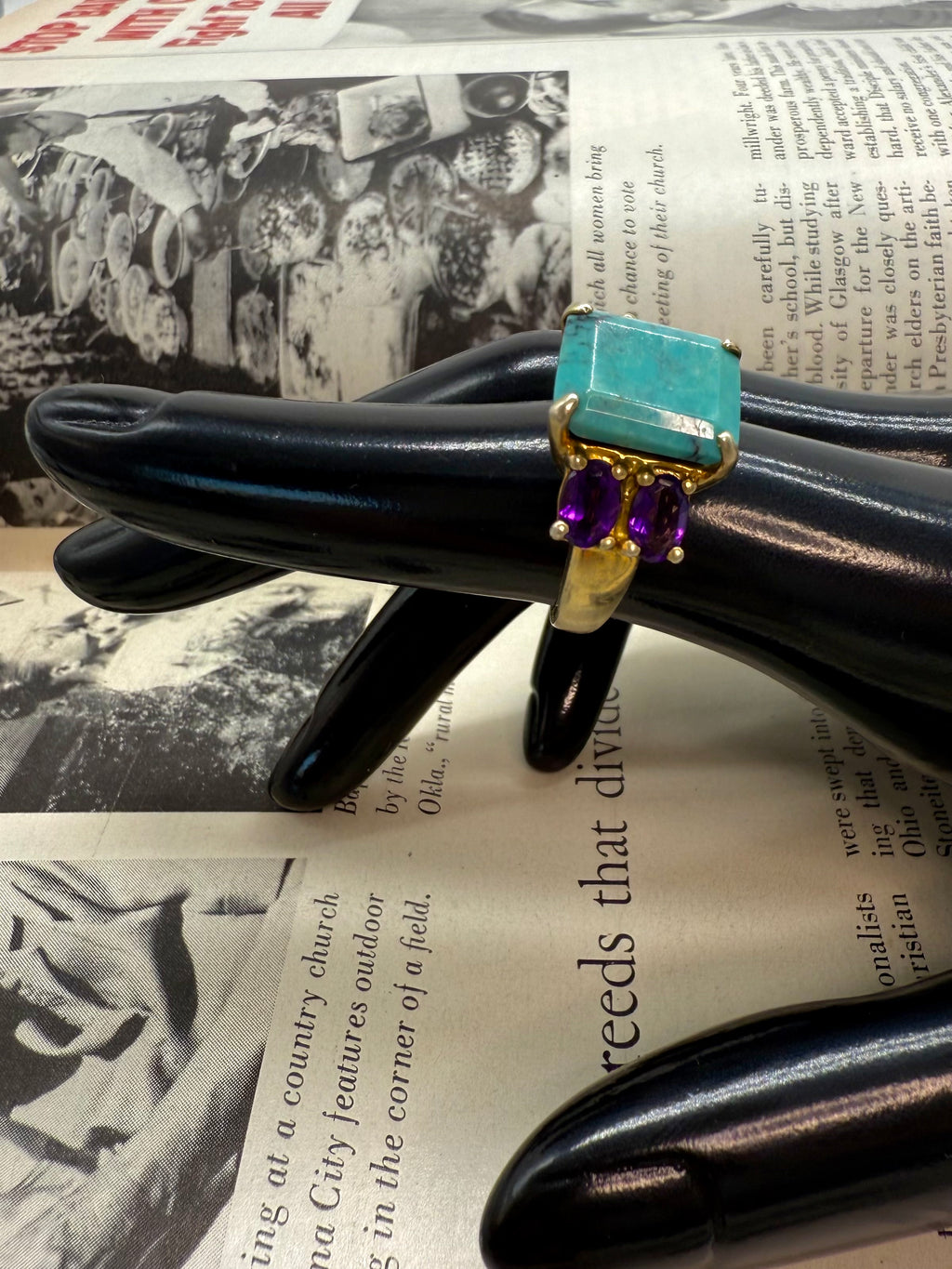 Gold Vermeil Sterling Silver Turquoise Amethyst Ring Size 6