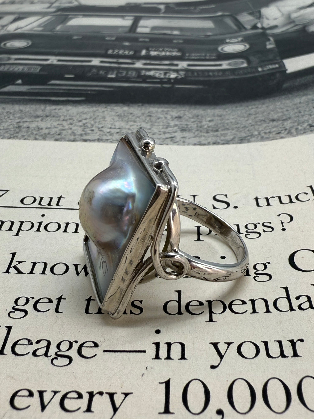 Iridescent Pearl Sterling Silver Ring Size 8.75