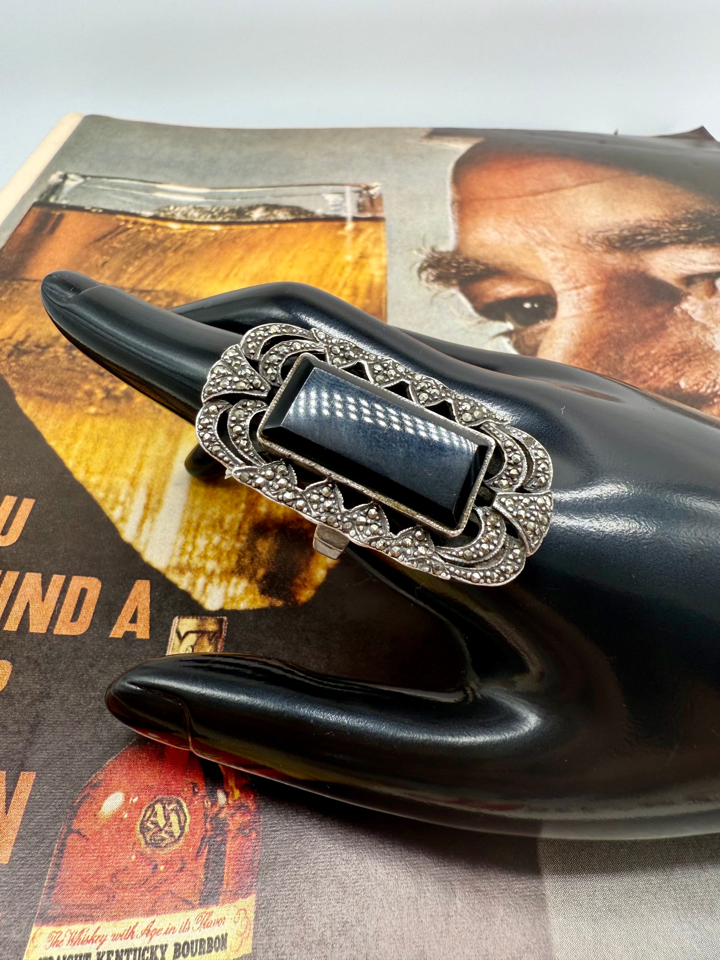 Vintage Onyx & Marcasite Sterling Silver Ring Size 11.25