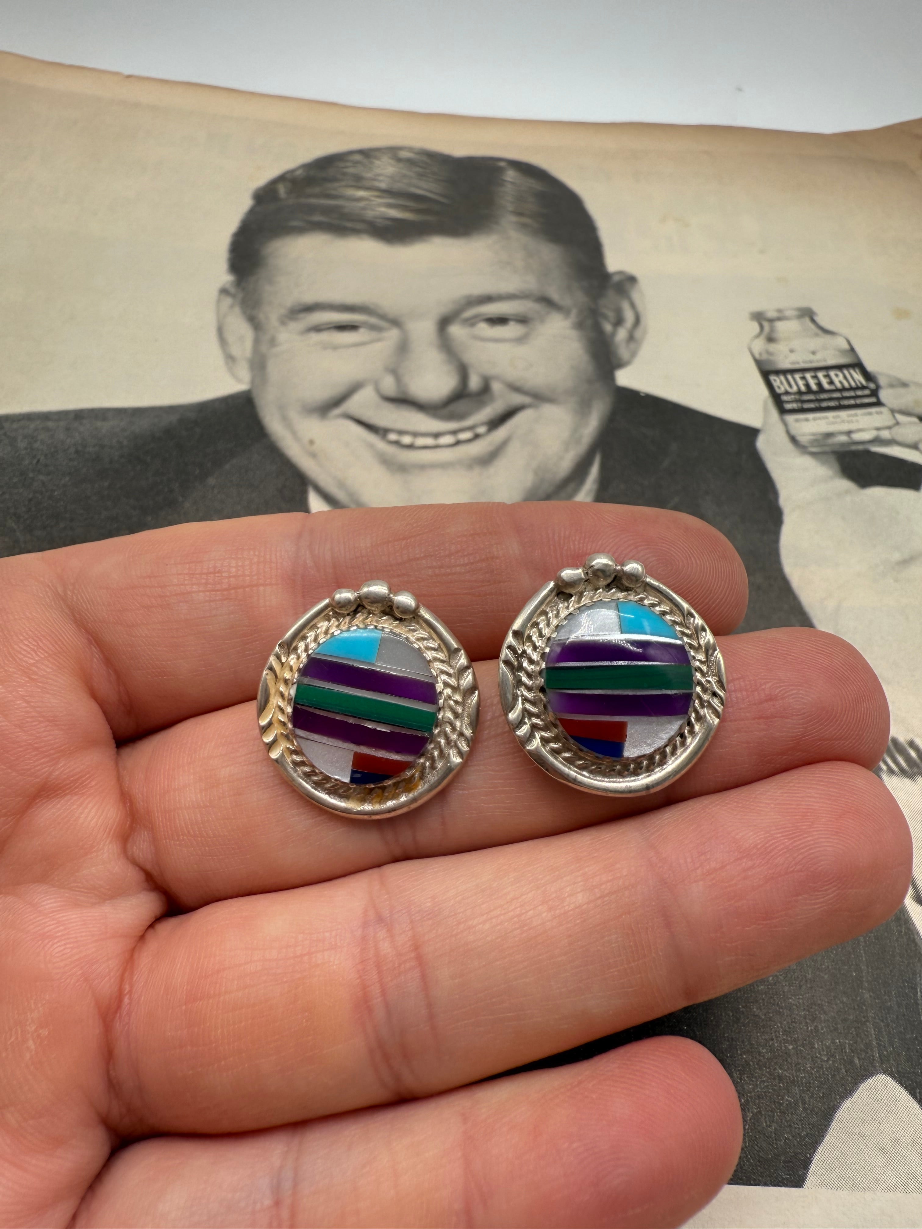 Vintage 80s Sterling Silver Inlay Southwestern Style Earrings