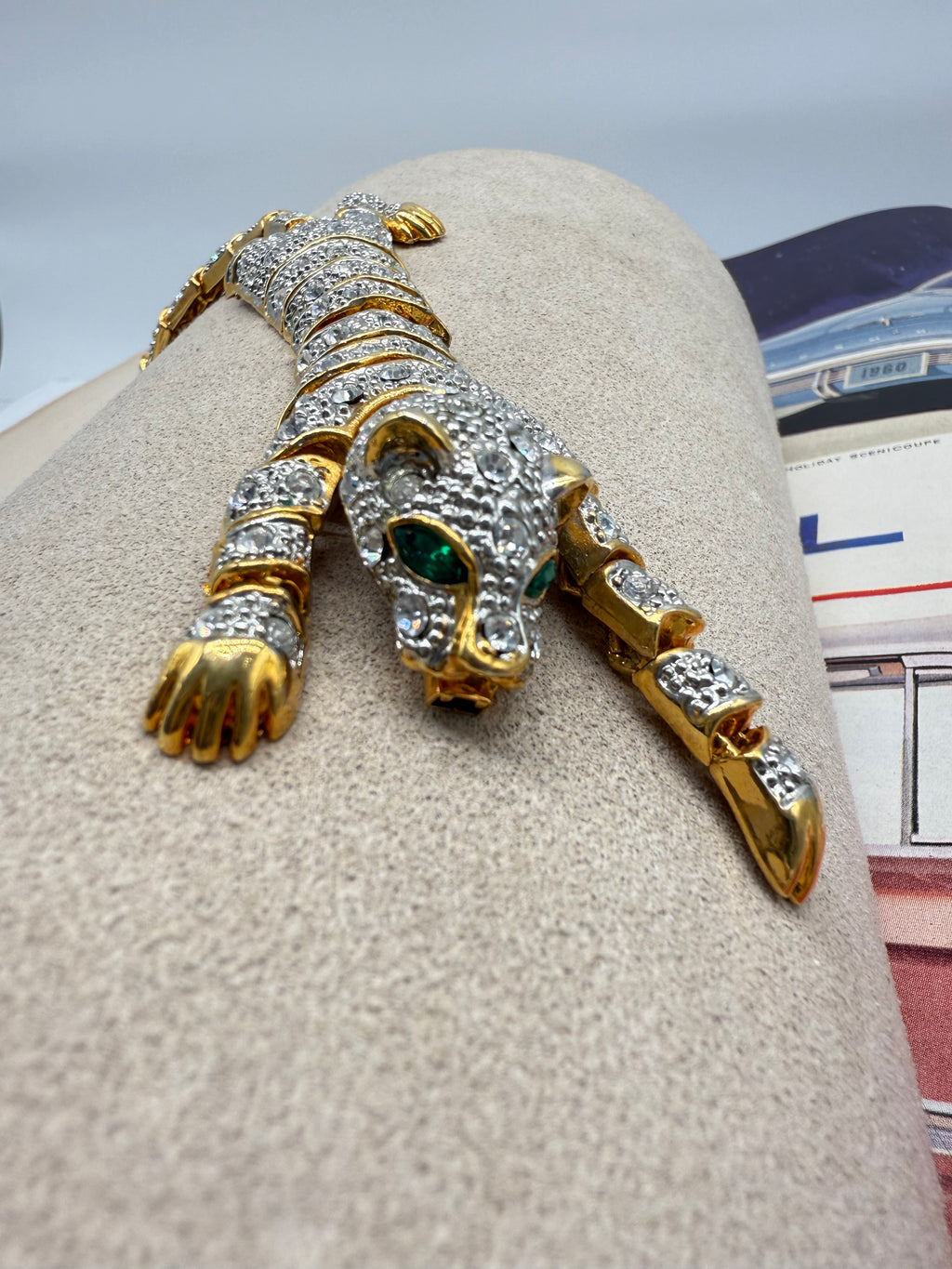 Vintage 1980's Articulated Rhinestone Gold-tone Panther Bracelet