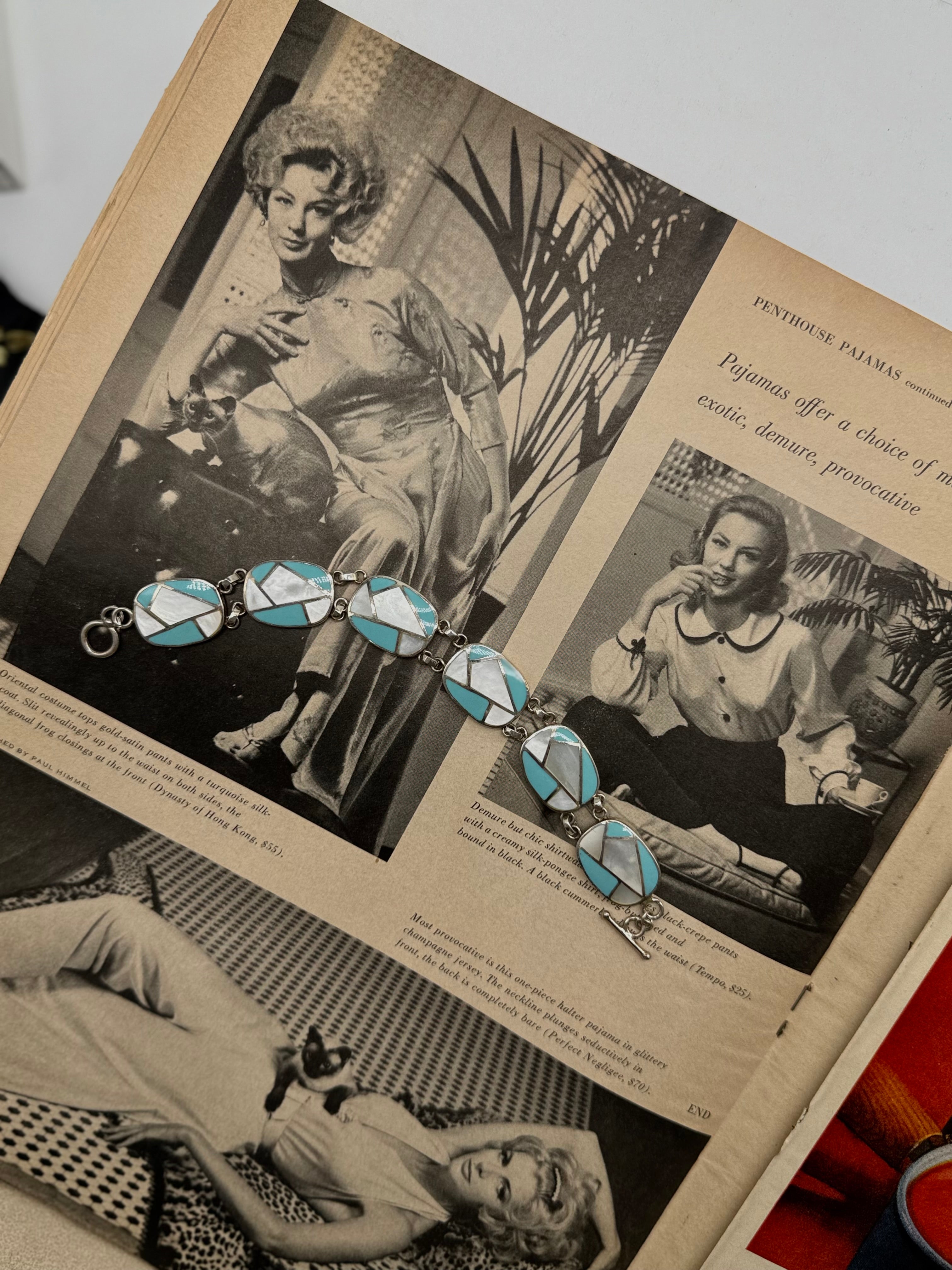 Mother of Pearl & Turquoise Inlay Southwestern Sterling Silver Bracelet