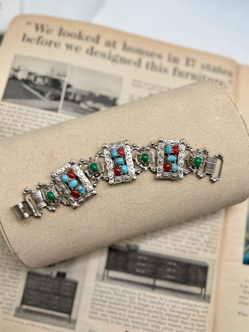 Vintage Style Silver Bracelet Turquoise Coral Accents