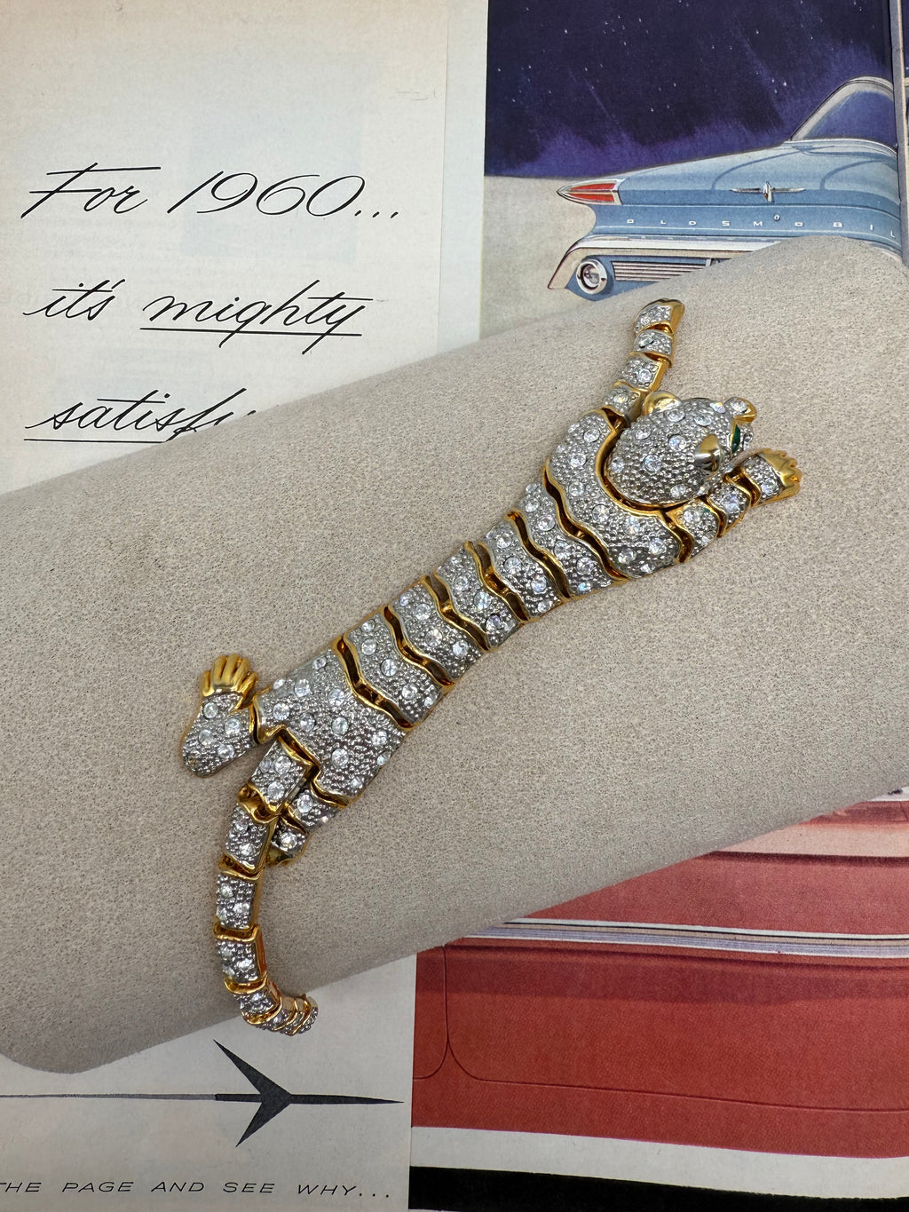 Vintage 1980's Articulated Rhinestone Gold-tone Panther Bracelet
