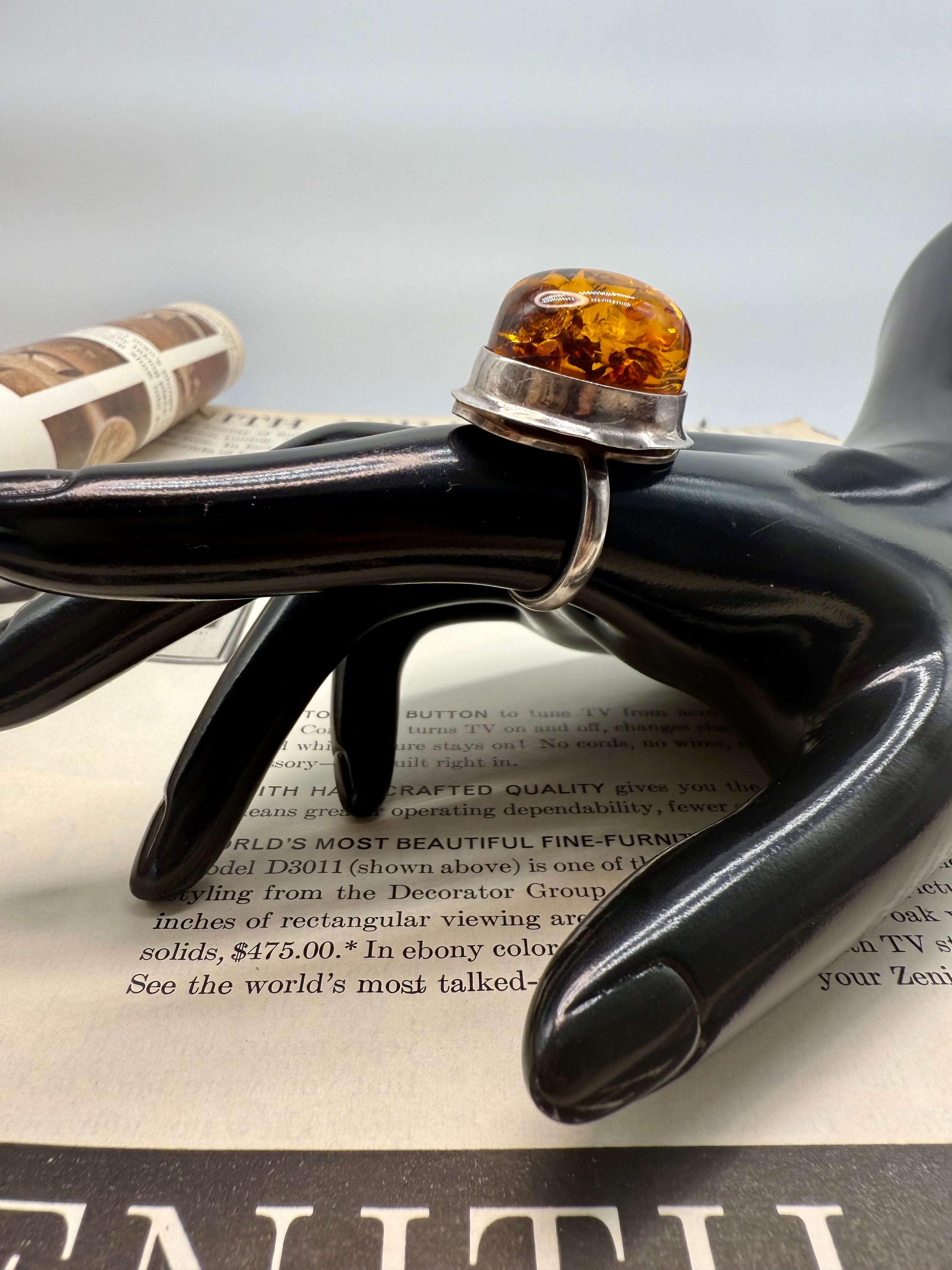 Large Baltic Amber Sterling Silver Ring Size 7.25