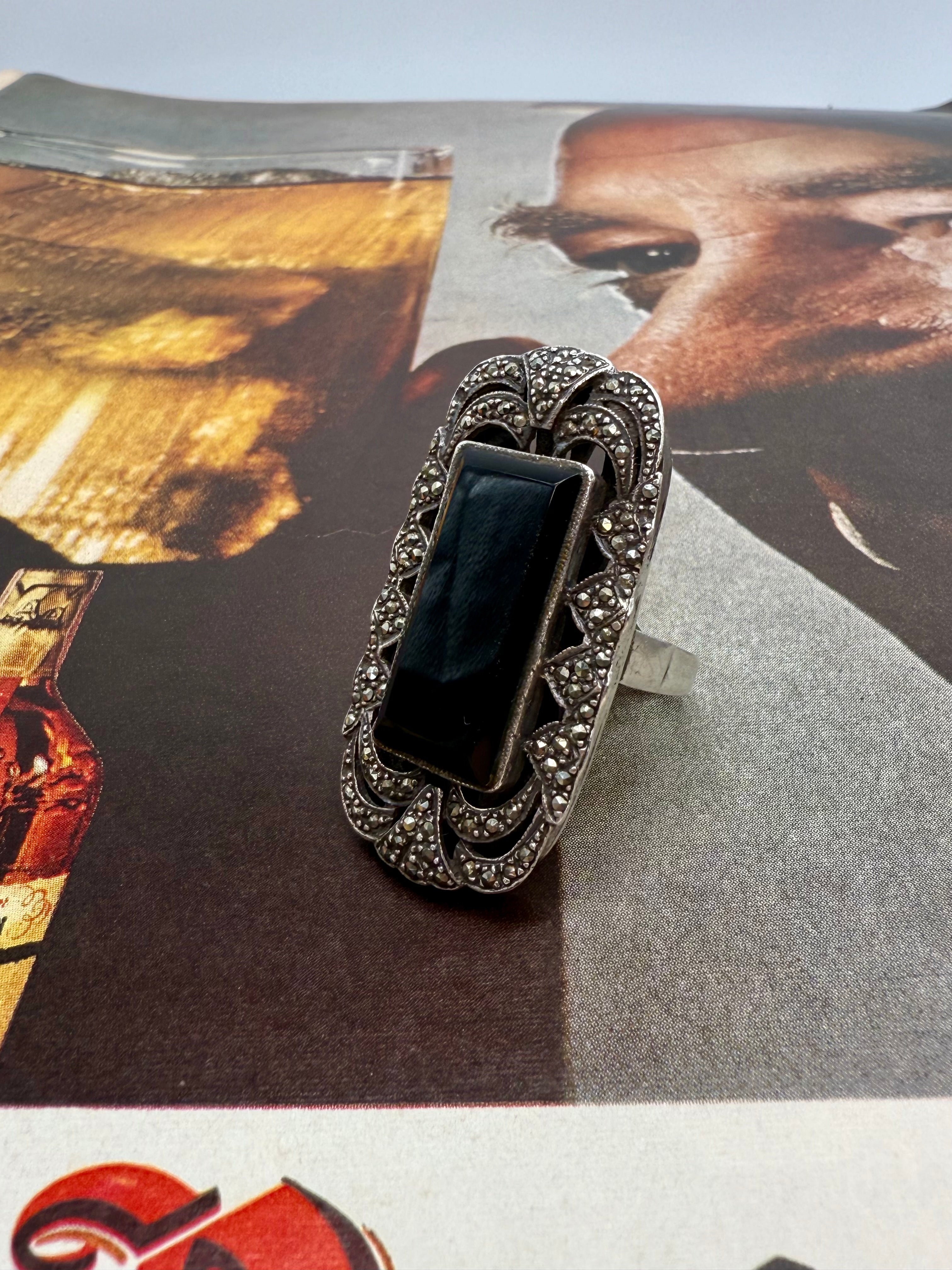 Vintage Onyx & Marcasite Sterling Silver Ring Size 11.25