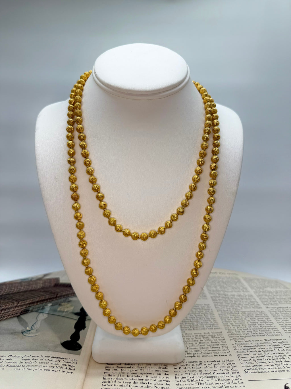 Long Vintage 1980's Gold Beaded Necklace 44 Inches