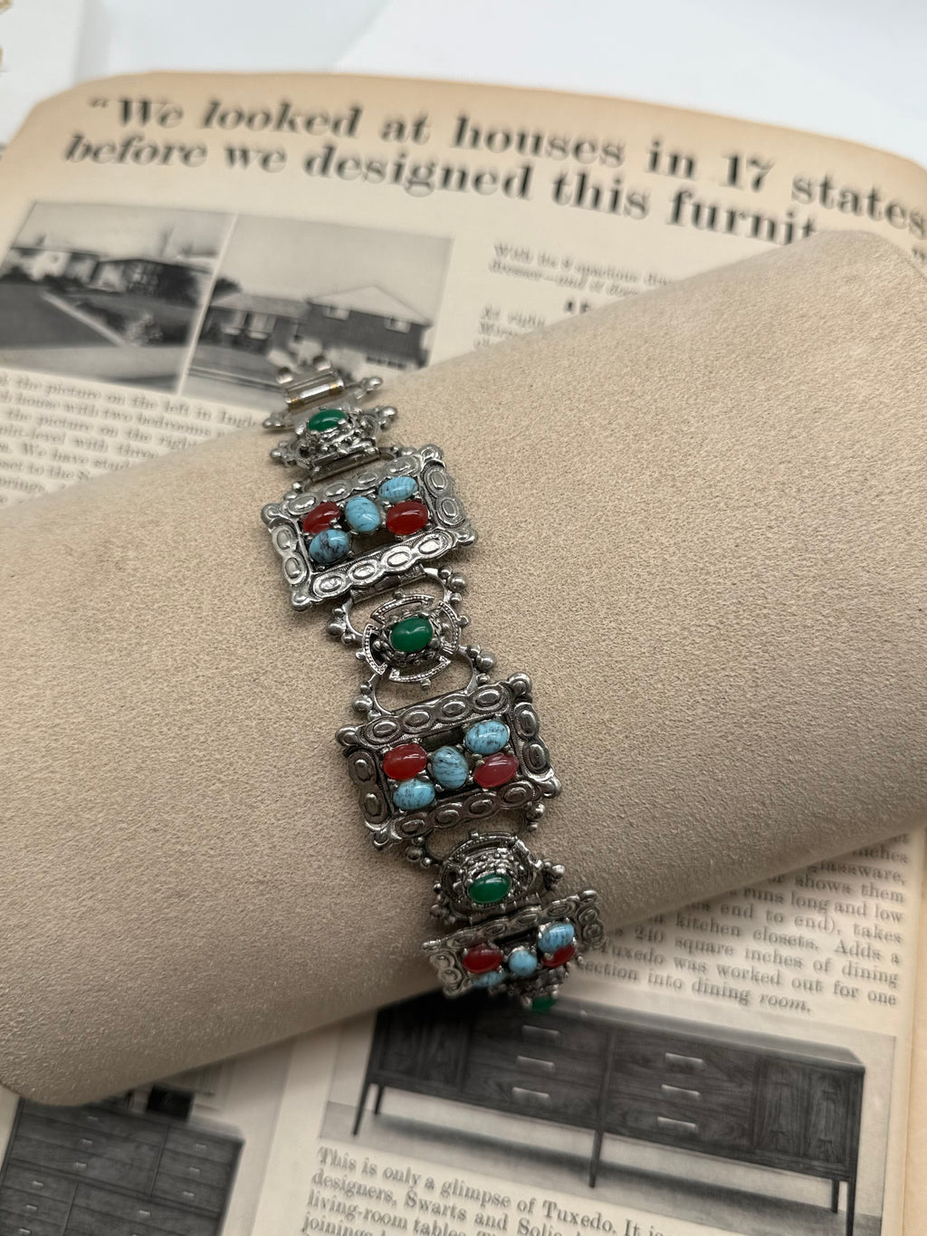 Vintage Style Silver Bracelet Turquoise Coral Accents